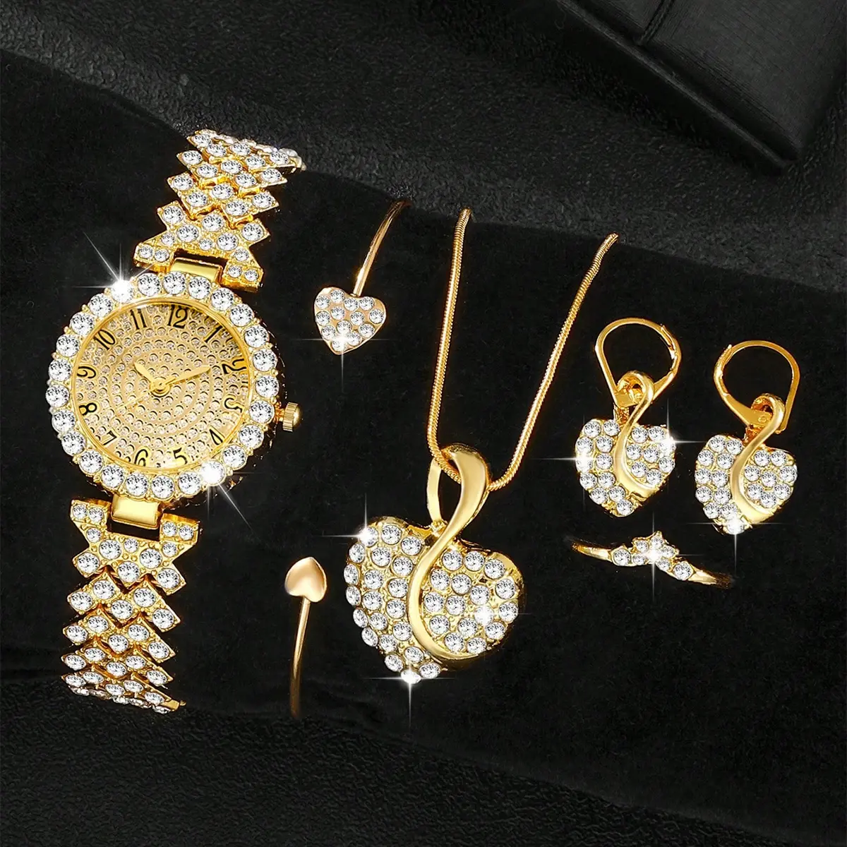 Women 5Pcs Watch Jewelry Set Heart Shaped Wristwatch Necklace Earrings Ring Relo