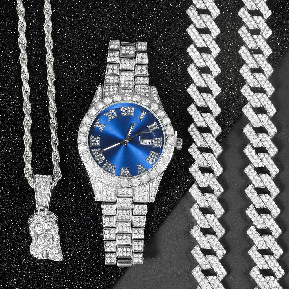 Men's Hip-hop Watch Jewelry Set Iced Out Punk Diamond Watch+Cuban Chain+Jesus Pe