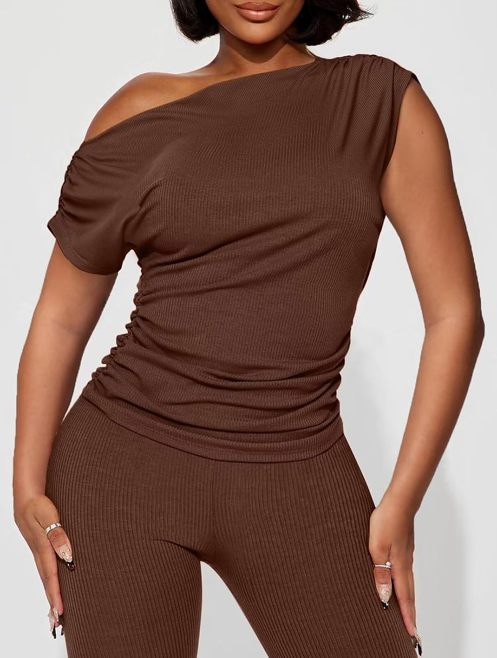 Thumbnail: Sexy 2 Piece Outfit for Women One Off Shoulder Tops Ribbed Pant Set 