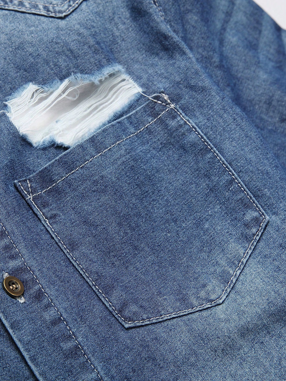 Thumbnail: Men Ripped Frayed Denim Shirt Without Tee