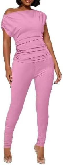 Thumbnail: Sexy 2 Piece Outfit for Women One Off Shoulder Tops Ribbed Pant Set 