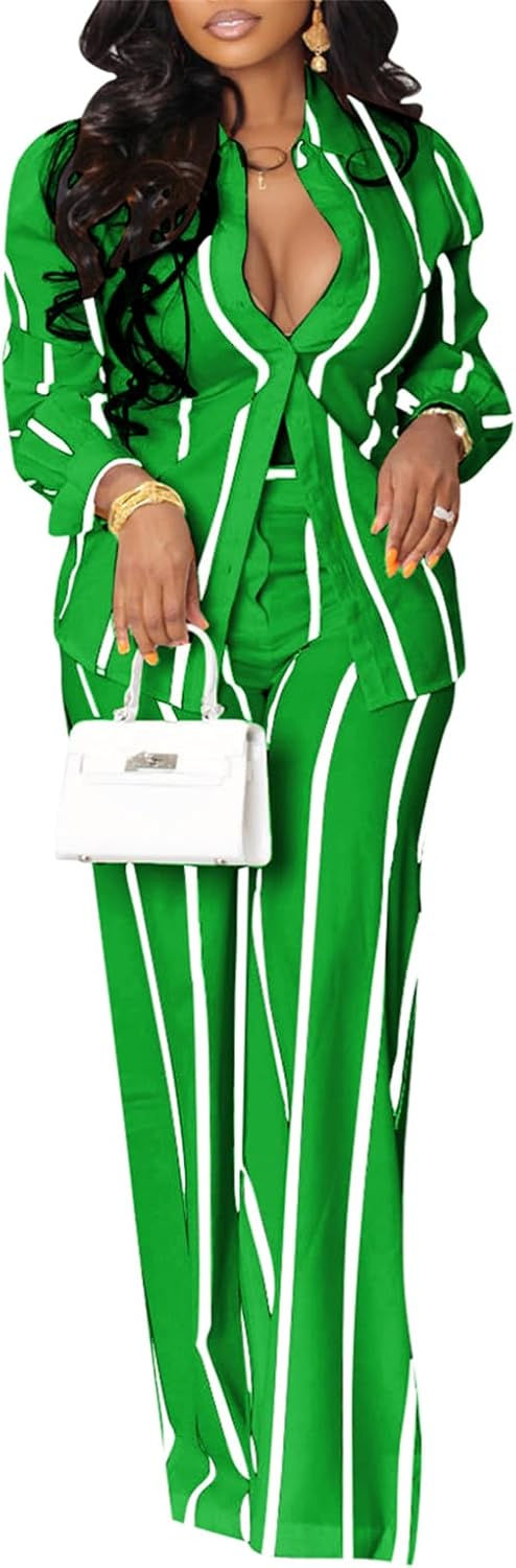 Thumbnail: Women's 2 Piece Outfits Stripe Long Sleeve Button Down Shirt Wide Leg Long Pant