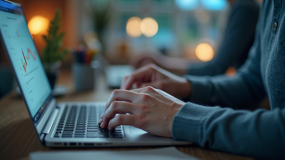 Close-up view of a person working on a laptop with digital marketing tools