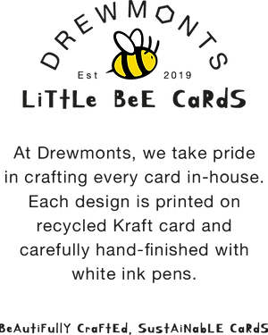 Drewmonts Little Bee Card logo, featuring a bee-themed design that represents eco-friendly, handcrafted greeting cards printed on recycled Kraft card with no plastic packaging.