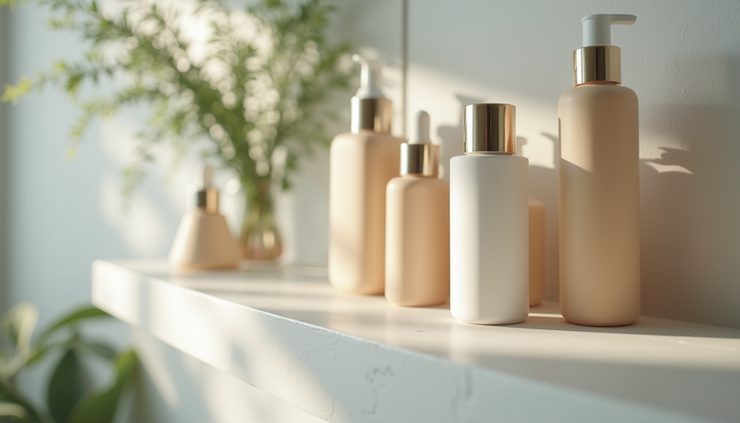 Eye-level view of a skincare routine setup with serums, creams, and sunscreen on a bathroom shelf