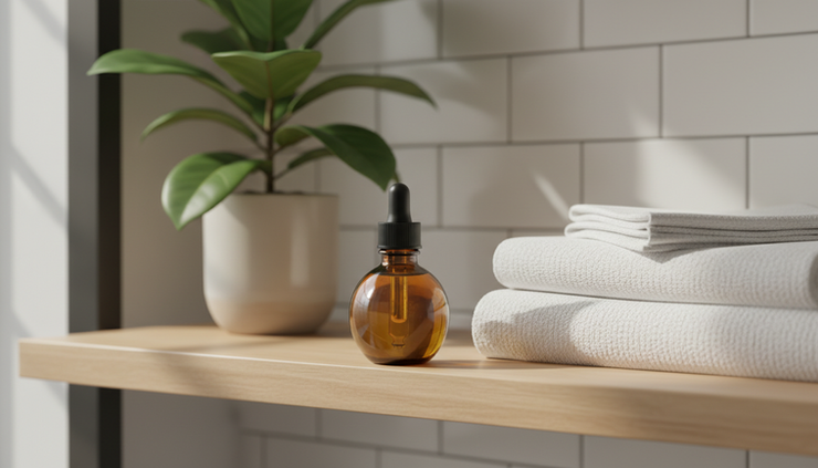 Eye-level view of a small amber serum bottle on a bathroom shelf