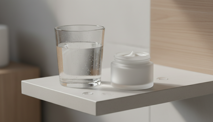 Close-up of a glass of water beside a simple skincare jar on a bathroom shelf.