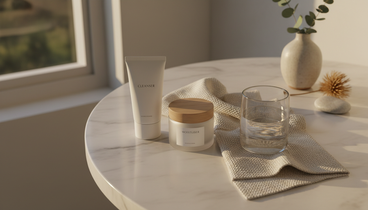 Overhead view of evening skincare products beside a glass of water and a soft towel