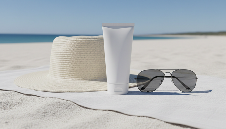 Wide-angle view of sunscreen, sunglasses and a hat on a beach towel in bright Australian sunlight.