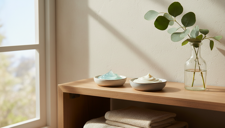 Wide-angle view of a bathroom shelf with two moisturiser textures on small ceramic dishes