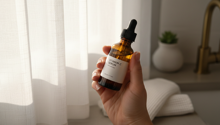 Close-up of a hand holding a dark glass vitamin C serum bottle near a sunny bathroom window