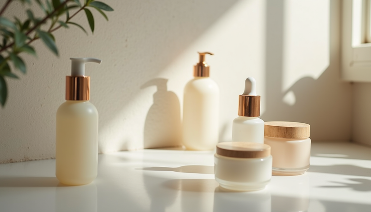 Close-up view of skincare products arranged on a bathroom counter