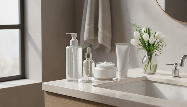 Eye-level view of simple skincare products arranged beside a bathroom sink