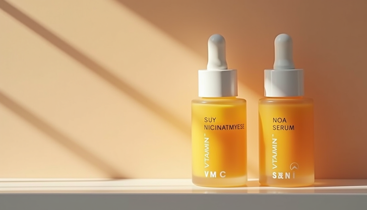 Eye-level view of a bathroom shelf with skincare products including vitamin C and niacinamide serums