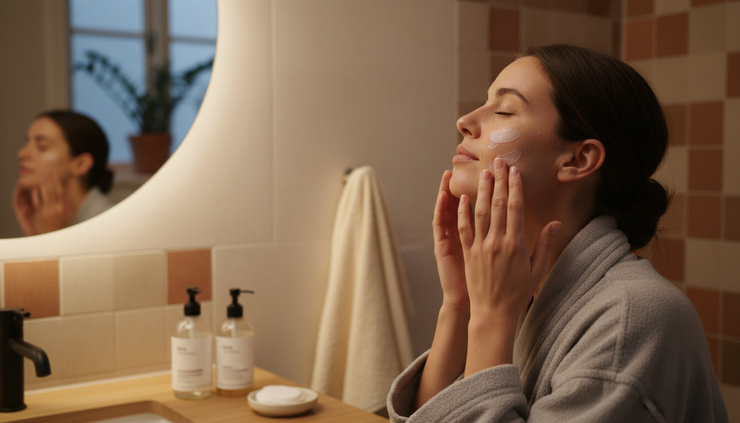 Side view of a calm evening skincare routine with moisturiser being applied