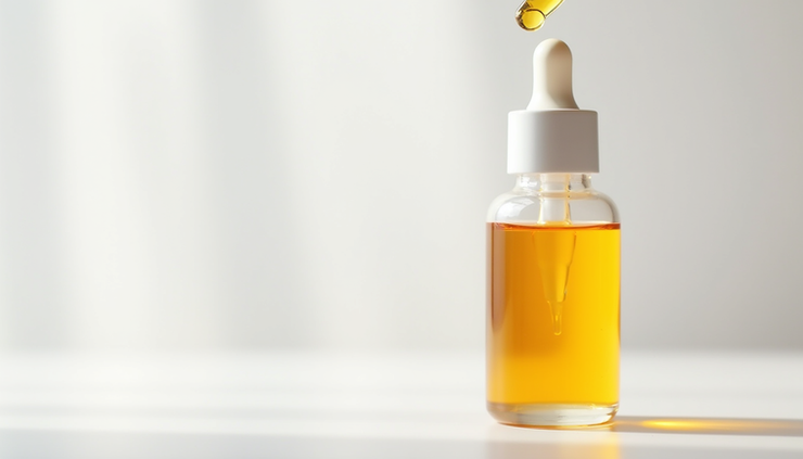 Close-up view of vitamin C serum bottle with dropper on a clean white surface