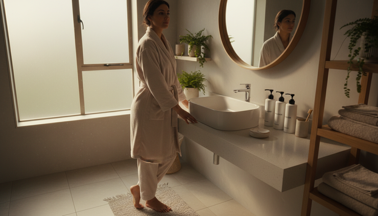 Wide-angle view of a person standing in bathroom light with a calm skincare routine on the bench