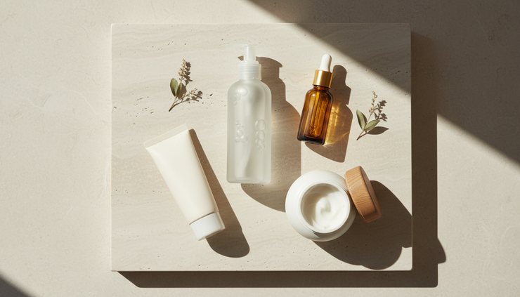 Overhead view of a simple skincare routine arranged on a stone surface