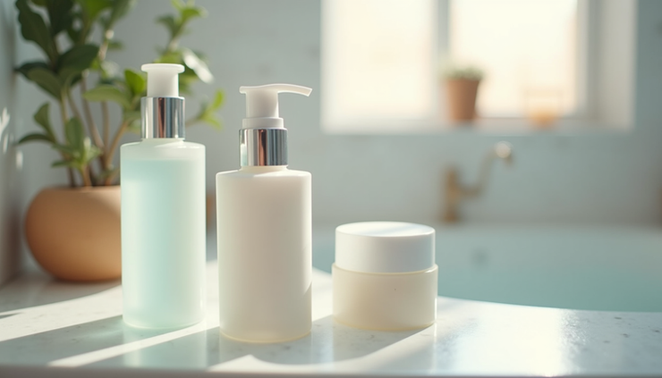 Close-up view of a skincare routine setup with cleanser, moisturizer, and serum on a bathroom counter