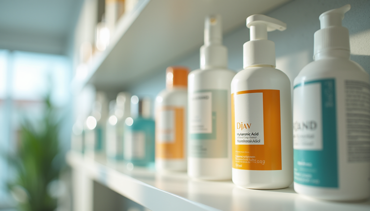 Eye-level view of a skincare shelf displaying hyaluronic acid and niacinamide products