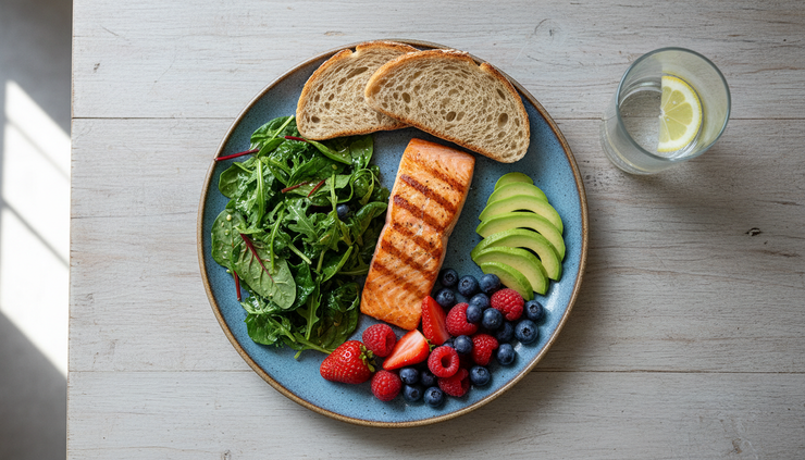 Overhead view of a colourful meal with vegetables, salmon, water and fruit