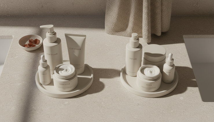 Overhead view of skincare products separated into keep and pause groups on a bathroom counter.