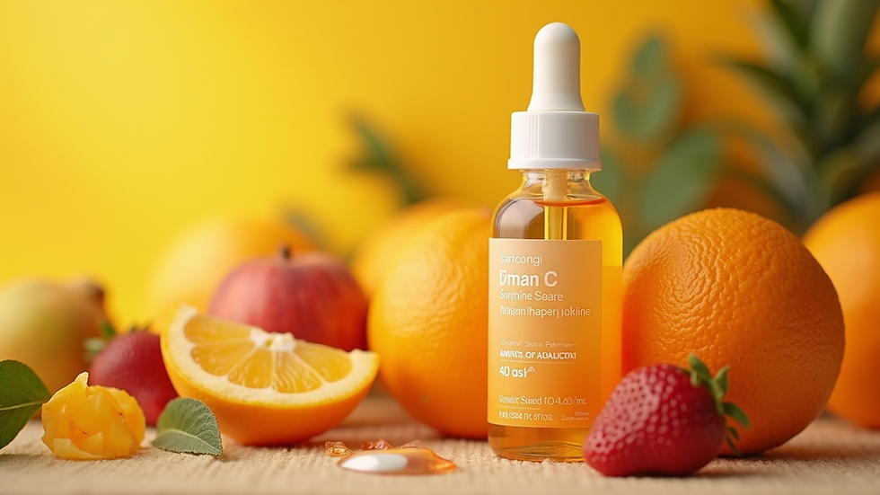 Close-up view of a bottle of Vitamin C serum surrounded by fresh fruits