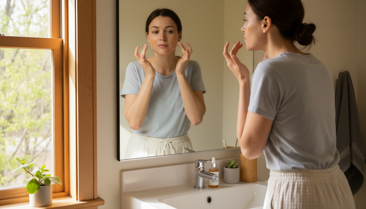 Eye-level view of a person applying serum in a bright bathroom mirror.