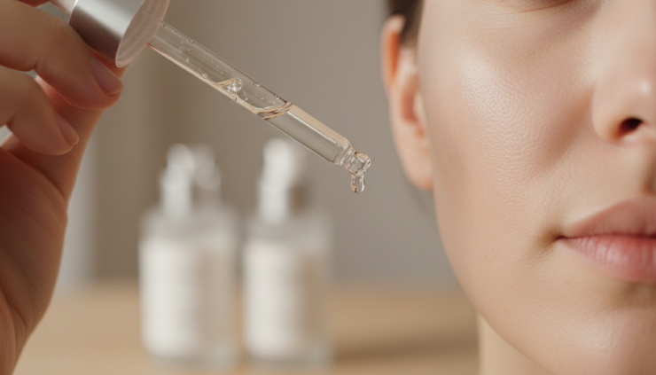 Close-up of a serum dropper above clean skin on a cheek