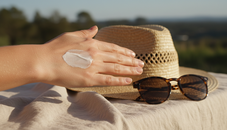 Close-up of a hand applying sunscreen beside a sun hat and sunglasses