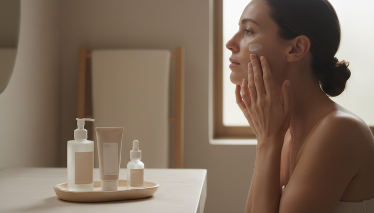 Side view of a person applying moisturiser beside a small tray of skincare essentials.