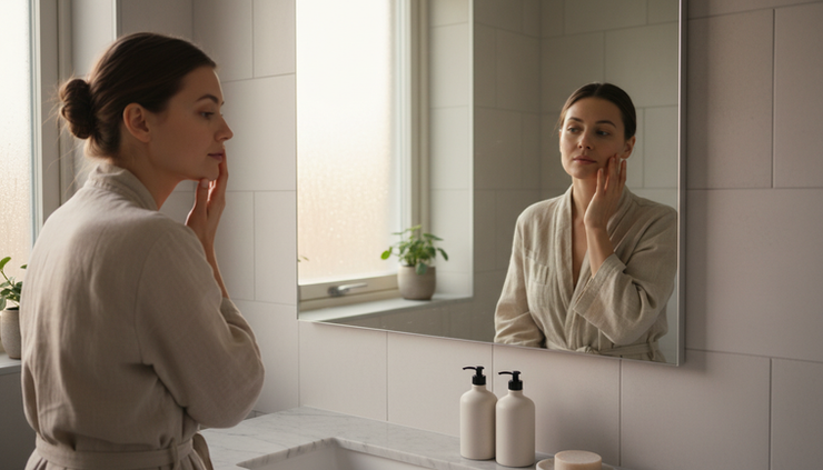 Eye-level view of a person touching calm skin in soft bathroom light