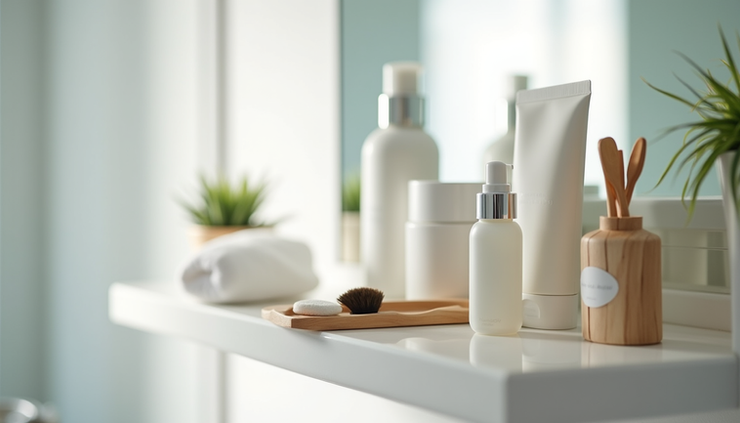 Eye-level view of a bathroom shelf with skincare tools and products neatly arranged