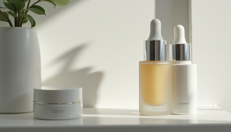 Eye-level view of skincare products including peptide serum and moisturizer on a bathroom shelf