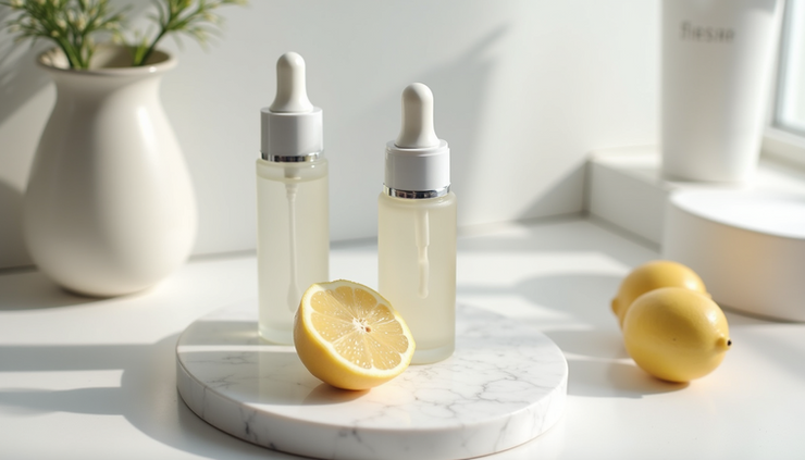 High angle view of a minimalist skincare setup with cleanser, serums, and moisturiser