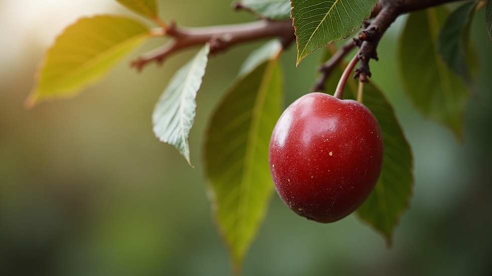 Close-up of ripe Kakadu Plum hanging on a tree branch