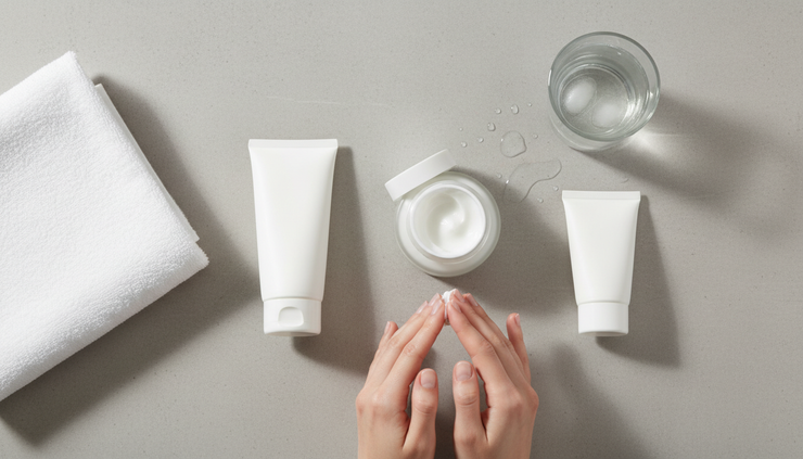 Overhead view of a simple morning skincare routine beside a towel and glass of water.