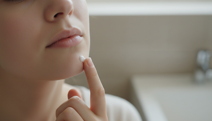 Overhead view of a small patch test applied near the jawline
