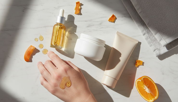 Overhead view of a small skincare routine on a bathroom counter