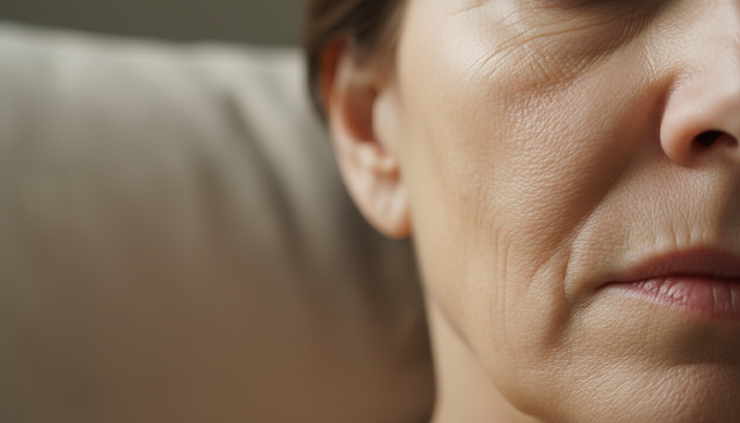 Close-up of mature skin with soft natural light showing fine texture.