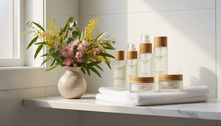 Close-up of spring skincare bottles beside fresh flowers and a white towel