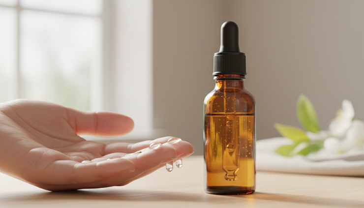 Close-up of clear serum drops on fingertips in soft sunlight.