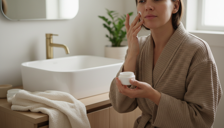Eye-level view of a person applying moisturiser in a calm bathroom mirror scene.