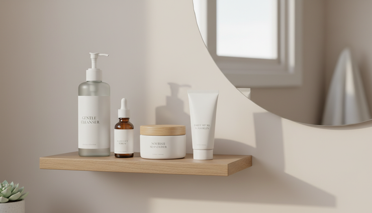 Eye-level view of skincare products arranged beside a clean bathroom mirror