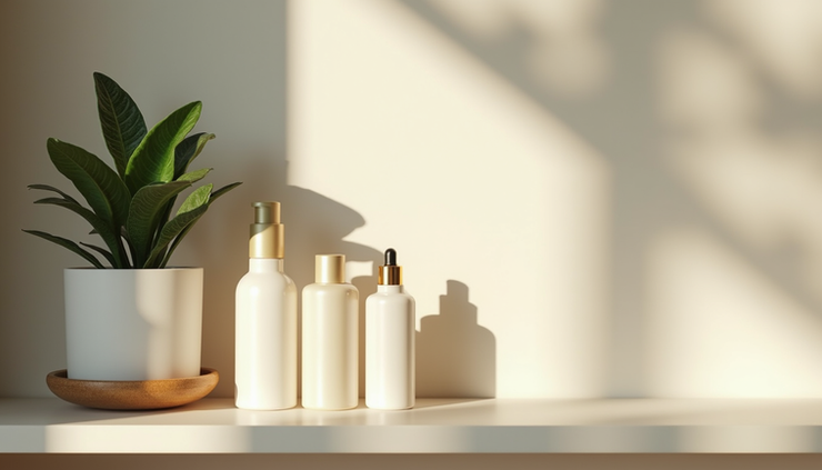 Eye-level view of skincare products and a small plant on a bathroom shelf