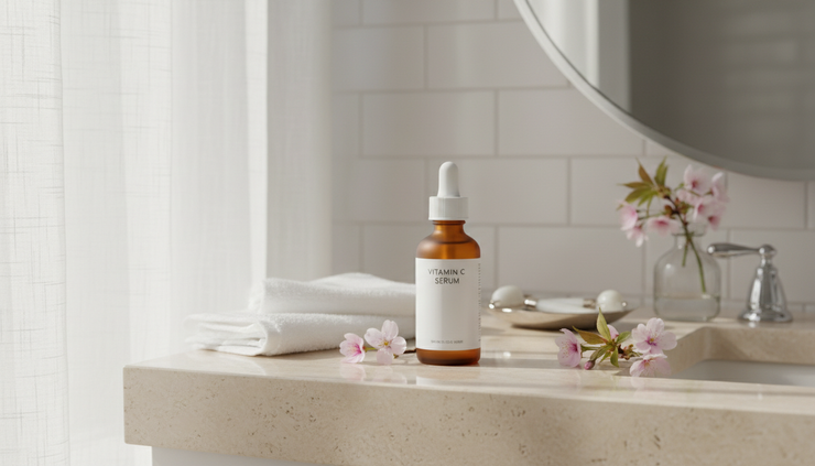 Eye-level view of a vitamin C serum bottle catching soft morning light
