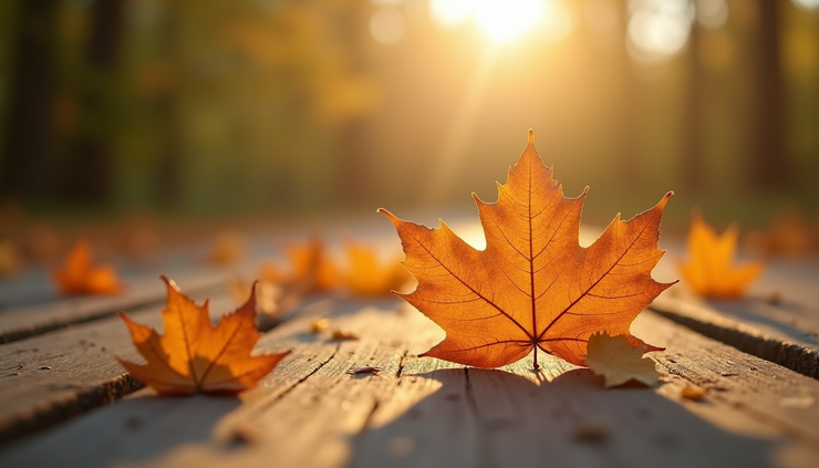 Close-up view of autumn leaves on a wooden surface with soft natural light
