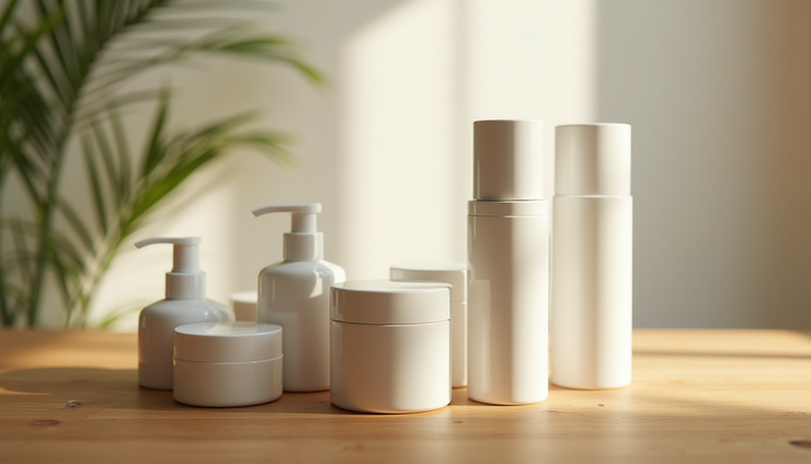 Close-up view of skincare bottles and creams arranged on a wooden surface