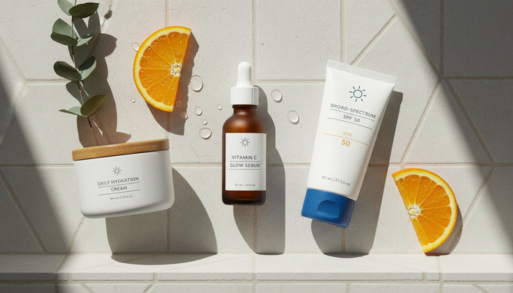 Top-down view of vitamin C serum, sunscreen, and moisturiser arranged on a tiled shelf