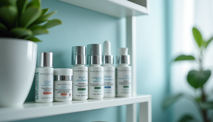 Eye-level view of a dermatologist’s treatment room with SkinCeuticals products displayed on a shelf